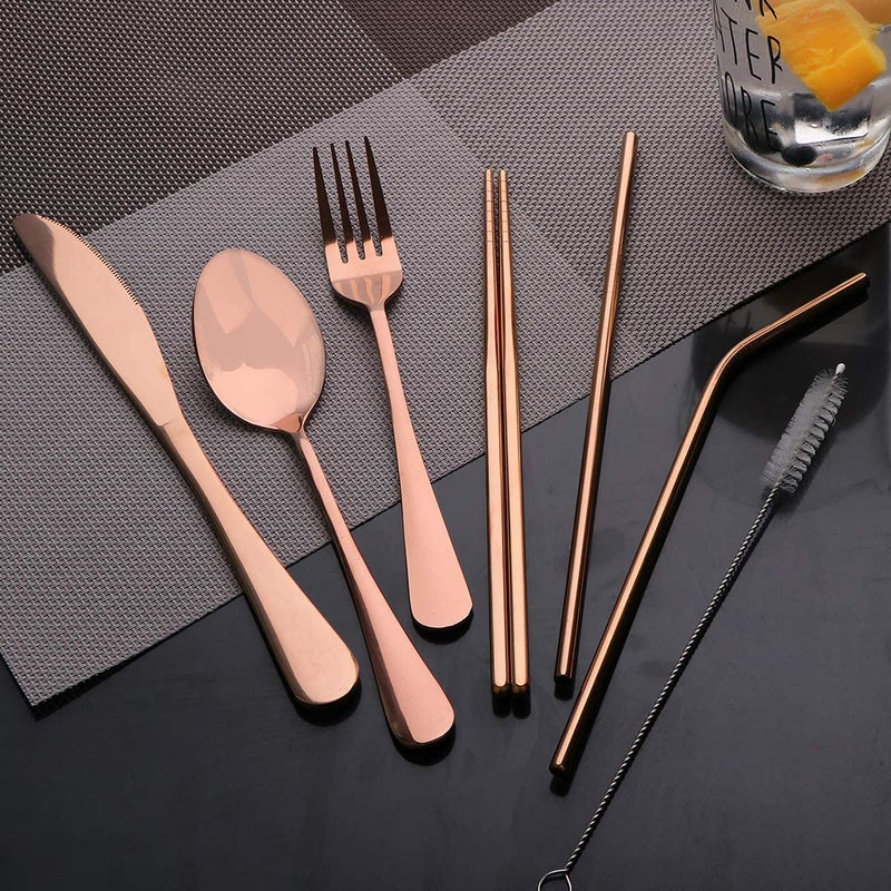 OASMU Travel Utensils Set with Case Reusable Portable Cutlery Set Stainless Steel 8pcs Including Dinner Knife Fork Spoon Chopsticks straws(Rose Gold) - Image 2